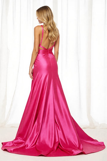A Line Spaghetti Straps Long Fuchsia Prom Dress With Slit